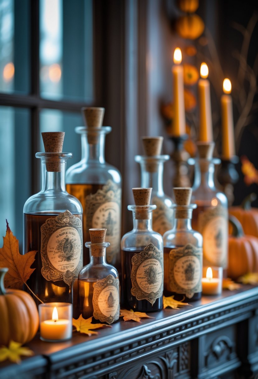 18 Halloween Mantle Ideas 2025: Stylish Decorations for a Festive Fireplace 3 A collection of vintage potion bottles arranged on a Halloween-themed mantle with pumpkins, autumn leaves, and candles.