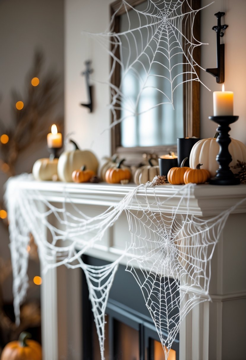 18 Halloween Mantle Ideas 2025: Stylish Decorations for a Festive Fireplace 4 A living room mantle decorated with white mesh spiderwebs and Halloween-themed items like pumpkins and candles.