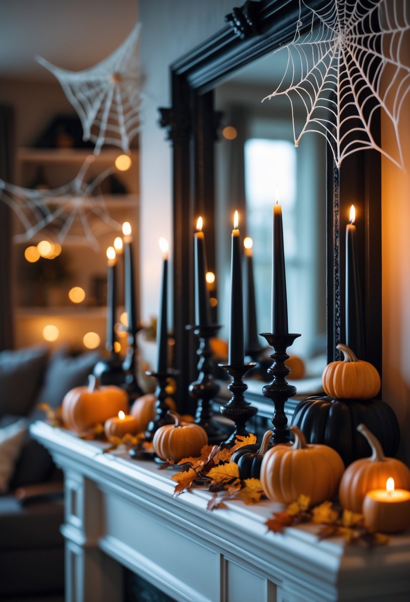 18 Halloween Mantle Ideas 2025: Stylish Decorations for a Festive Fireplace 5 A Halloween mantle decorated with black tapered candles in candlesticks, small pumpkins, dried leaves, and spider webs.