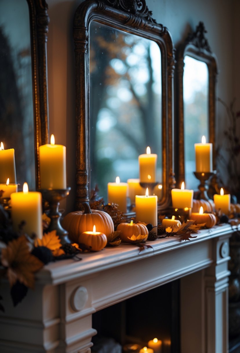 18 Halloween Mantle Ideas 2025: Stylish Decorations for a Festive Fireplace 6 A Halloween mantle decorated with antique mirrors reflecting flickering candlelight and autumn decorations like pumpkins and dried leaves.