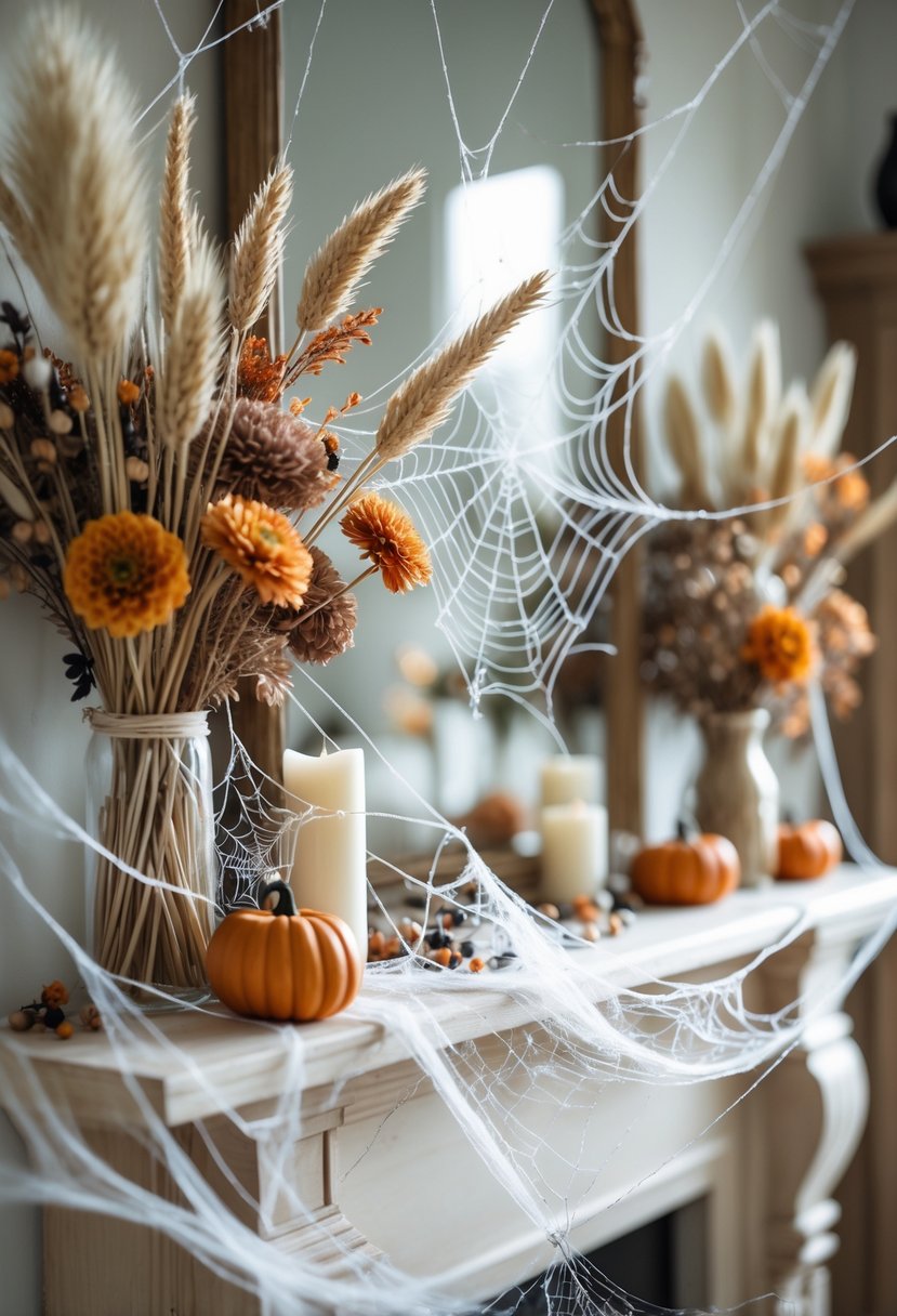 18 Halloween Mantle Ideas 2025: Stylish Decorations for a Festive Fireplace 7 A Halloween mantle decorated with dried flowers tangled in fake cobwebs and small seasonal accents.