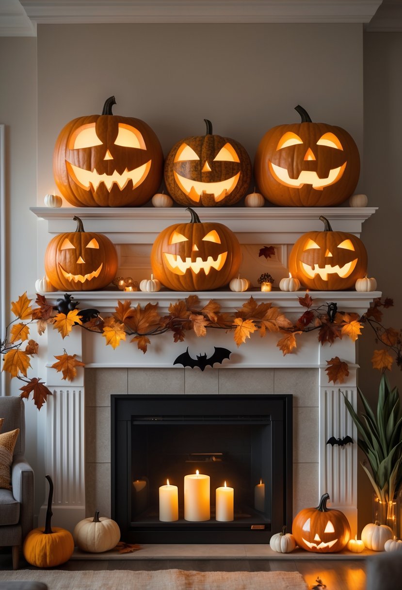 18 Halloween Mantle Ideas 2025: Stylish Decorations for a Festive Fireplace 8 A living room mantle decorated with large glowing jack-o'-lantern faces and autumn-themed Halloween decorations.