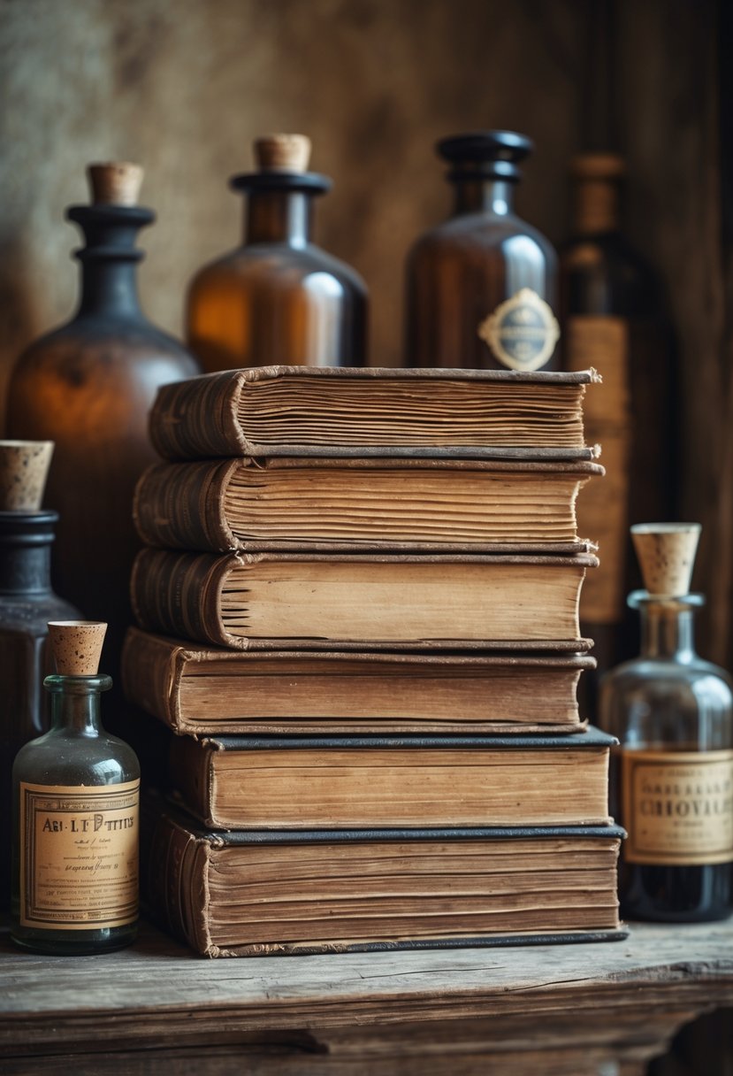 18 Halloween Mantle Ideas 2025: Stylish Decorations for a Festive Fireplace 10 A stack of vintage books and old apothecary bottles arranged on a wooden mantle.