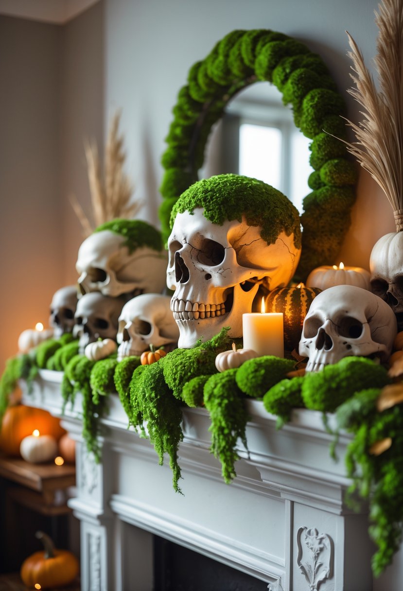 18 Halloween Mantle Ideas 2025: Stylish Decorations for a Festive Fireplace 11 A Halloween mantle decorated with skull ornaments accented by green moss, surrounded by autumn leaves, pumpkins, and candles.