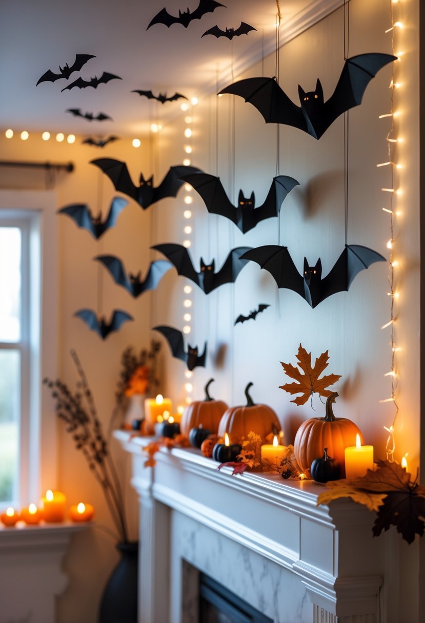 18 Halloween Mantle Ideas 2025: Stylish Decorations for a Festive Fireplace 12 A decorated mantle and ceiling with black bats hanging, pumpkins, candles, and autumn decorations for Halloween.