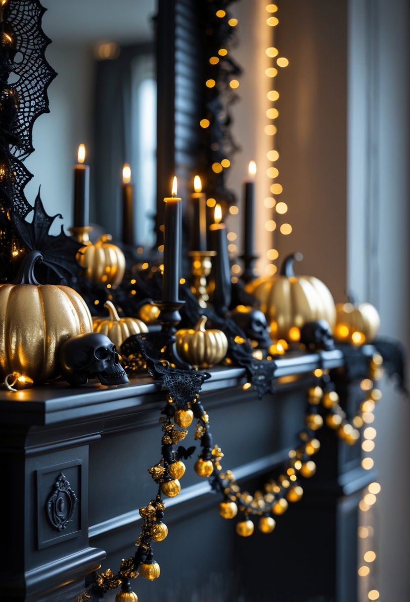 18 Halloween Mantle Ideas 2025: Stylish Decorations for a Festive Fireplace 13 A Halloween mantle decorated with black and gold pumpkins, candles, skulls, bats, and fairy lights.