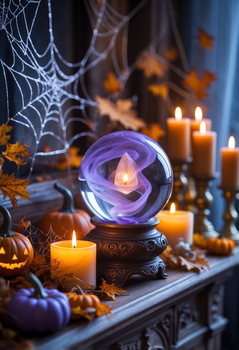 18 Halloween Mantle Ideas 2025: Stylish Decorations for a Festive Fireplace 14 A Halloween mantle decorated with a glowing crystal ball, candles, pumpkins, autumn leaves, and spider webs.
