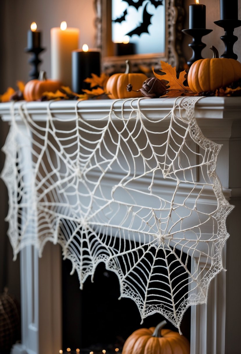 18 Halloween Mantle Ideas 2025: Stylish Decorations for a Festive Fireplace 15 A Halloween mantle decorated with cobweb lace featuring scalloped web edging, small pumpkins, black candles, and autumn leaves.