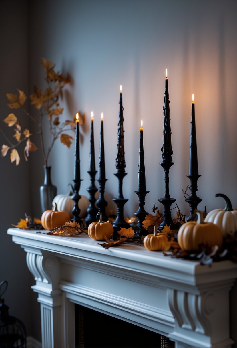 18 Halloween Mantle Ideas 2025: Stylish Decorations for a Festive Fireplace 16 A mantle decorated with black candlesticks featuring dripping wax and Halloween-themed autumn decorations.