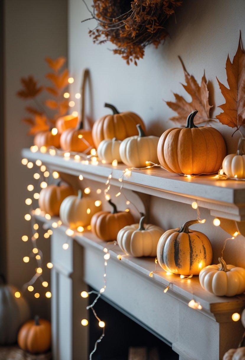 18 Halloween Mantle Ideas 2025: Stylish Decorations for a Festive Fireplace 17 A mantle decorated with small pumpkins and subtle fairy lights creating a warm Halloween scene.