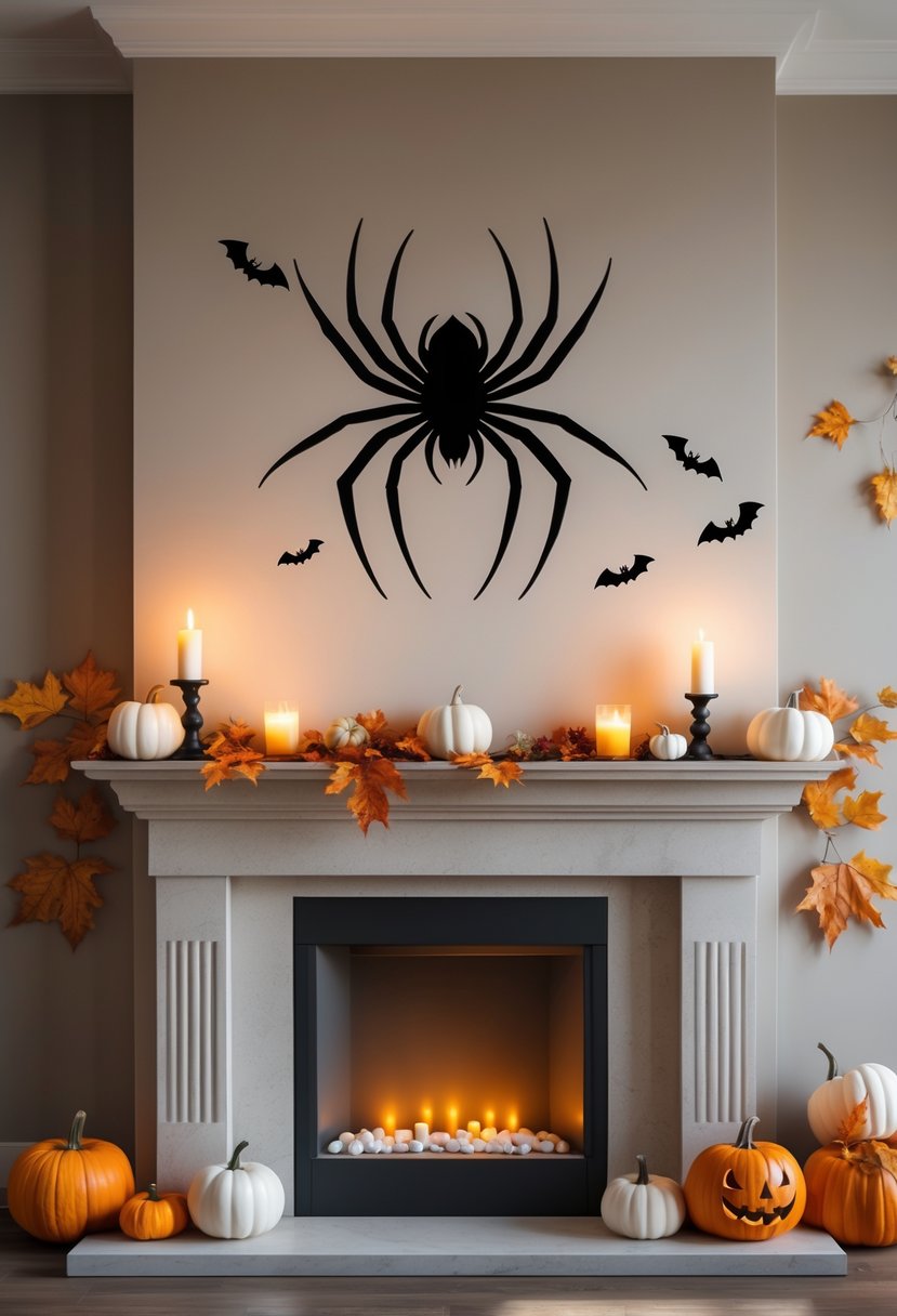 18 Halloween Mantle Ideas 2025: Stylish Decorations for a Festive Fireplace 18 A living room mantle decorated for Halloween with a spooky spider wall decal crawling on the wall above it, surrounded by pumpkins, candles, and autumn leaves.