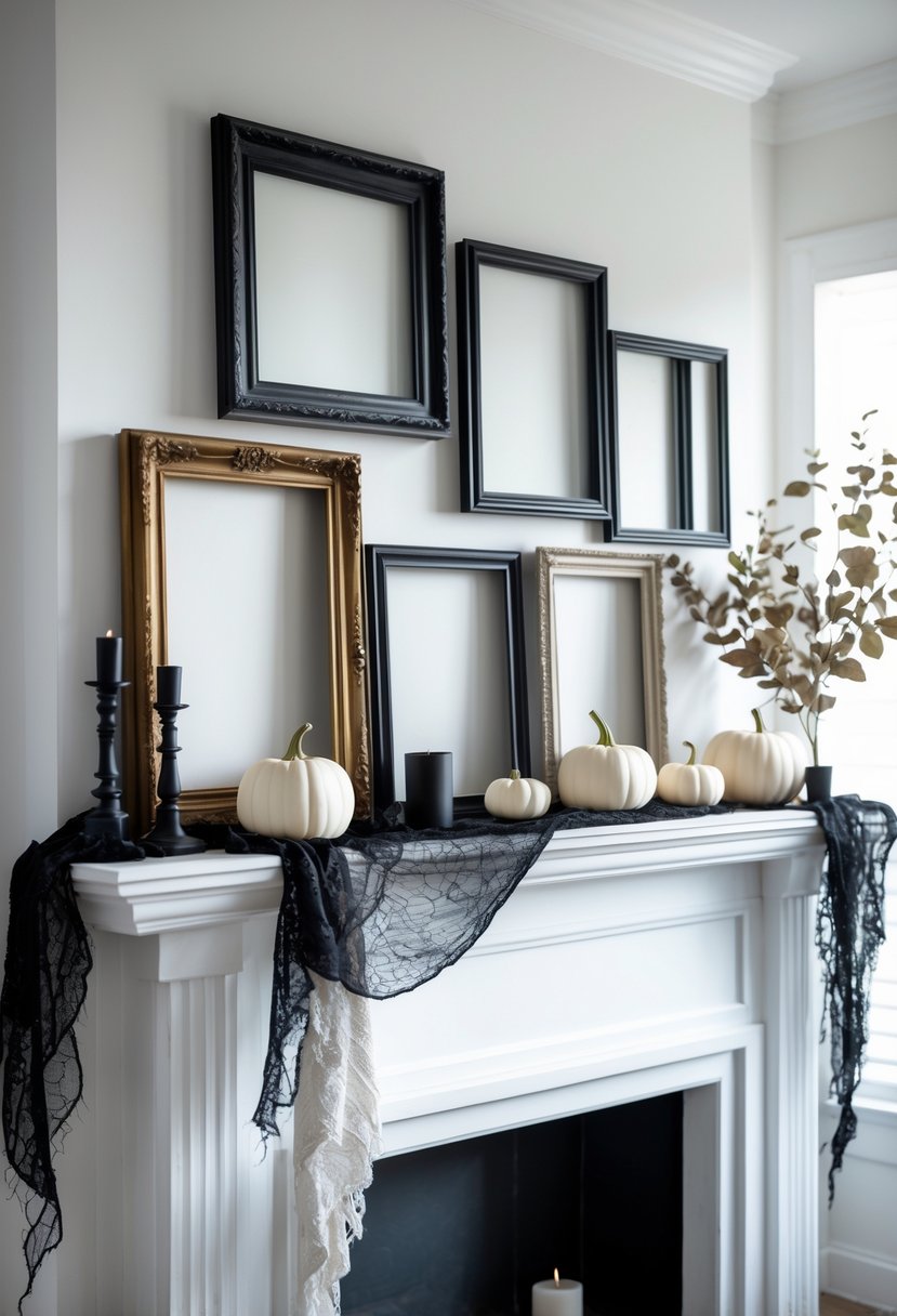 18 Halloween Mantle Ideas 2025: Stylish Decorations for a Festive Fireplace 20 A Halloween mantle decorated with empty vintage picture frames, black candles, white pumpkins, and dried foliage on a black and white background.