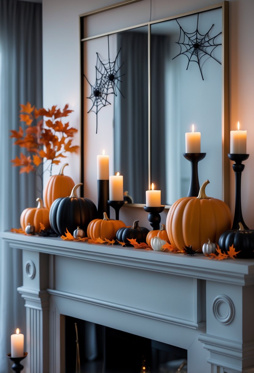 18 Halloween Mantle Ideas 2025: Stylish Decorations for a Festive Fireplace 21 A decorated fireplace mantle with pumpkins, candles, spider web accents, and autumn leaves.