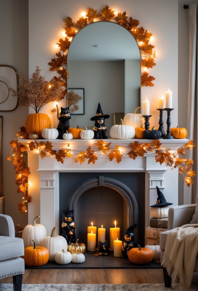18 Halloween Mantle Ideas 2025: Stylish Decorations for a Festive Fireplace 22 A living room mantle decorated with pumpkins, autumn leaves, candles, and Halloween figurines, creating a warm and festive atmosphere.
