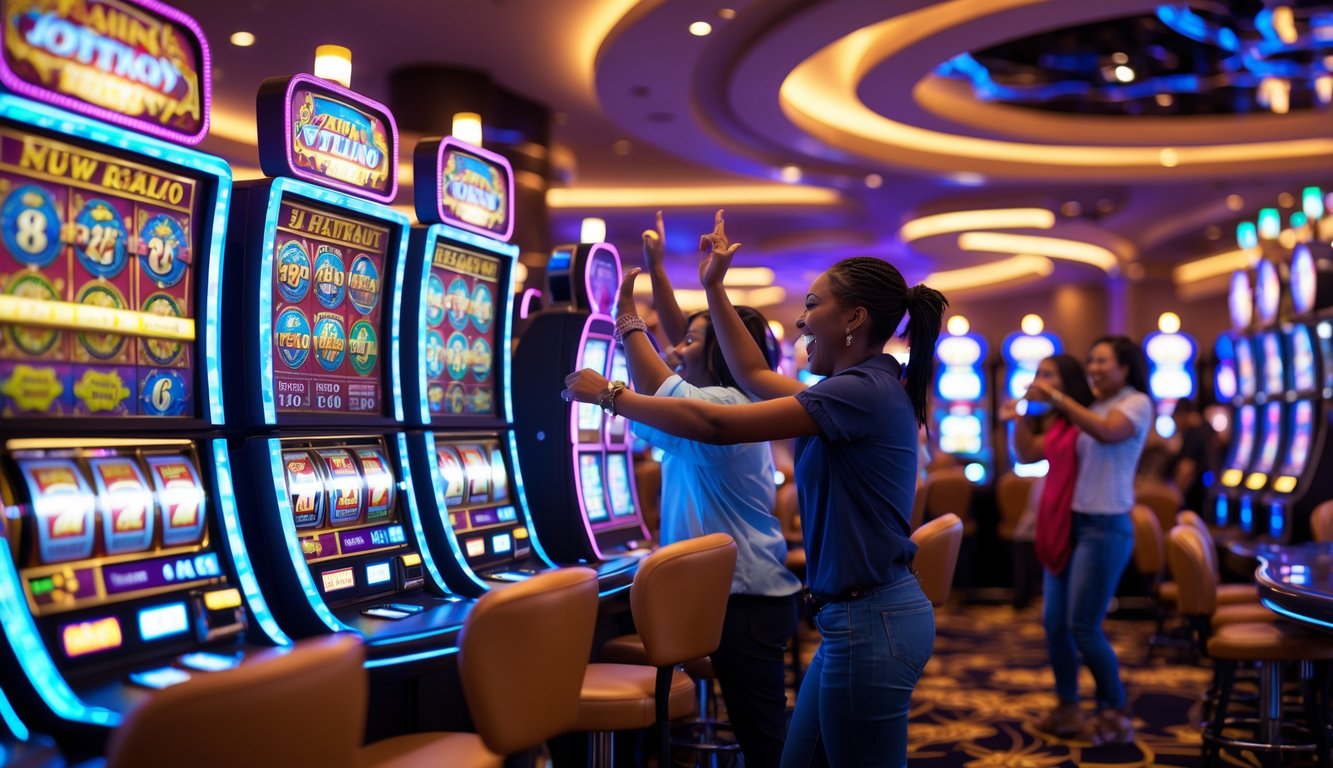 Area mesin slot kasino yang ramai dengan orang-orang yang merayakan kemenangan kecil dan mesin slot yang berwarna-warni menyala.