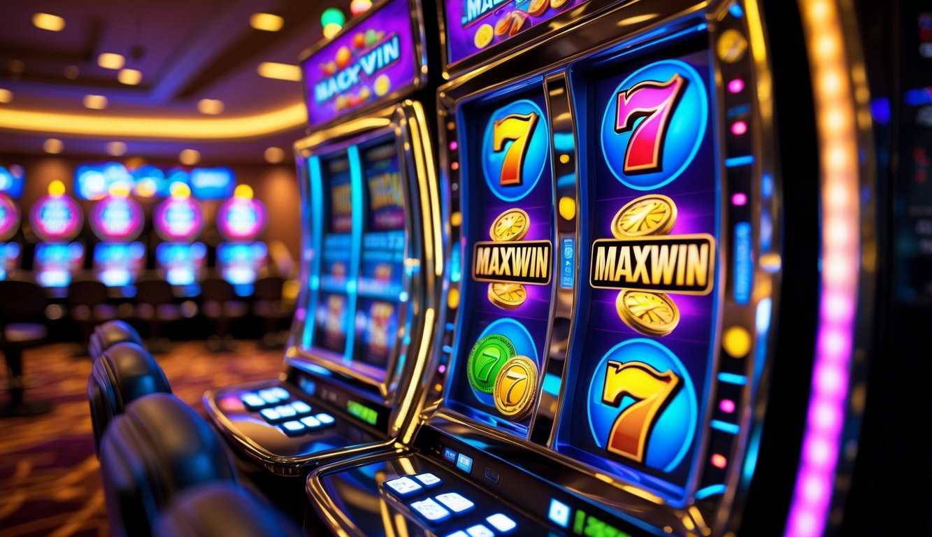 Mesin slot modern berwarna cerah dengan simbol buah dan koin emas di dalam kasino yang ramai.