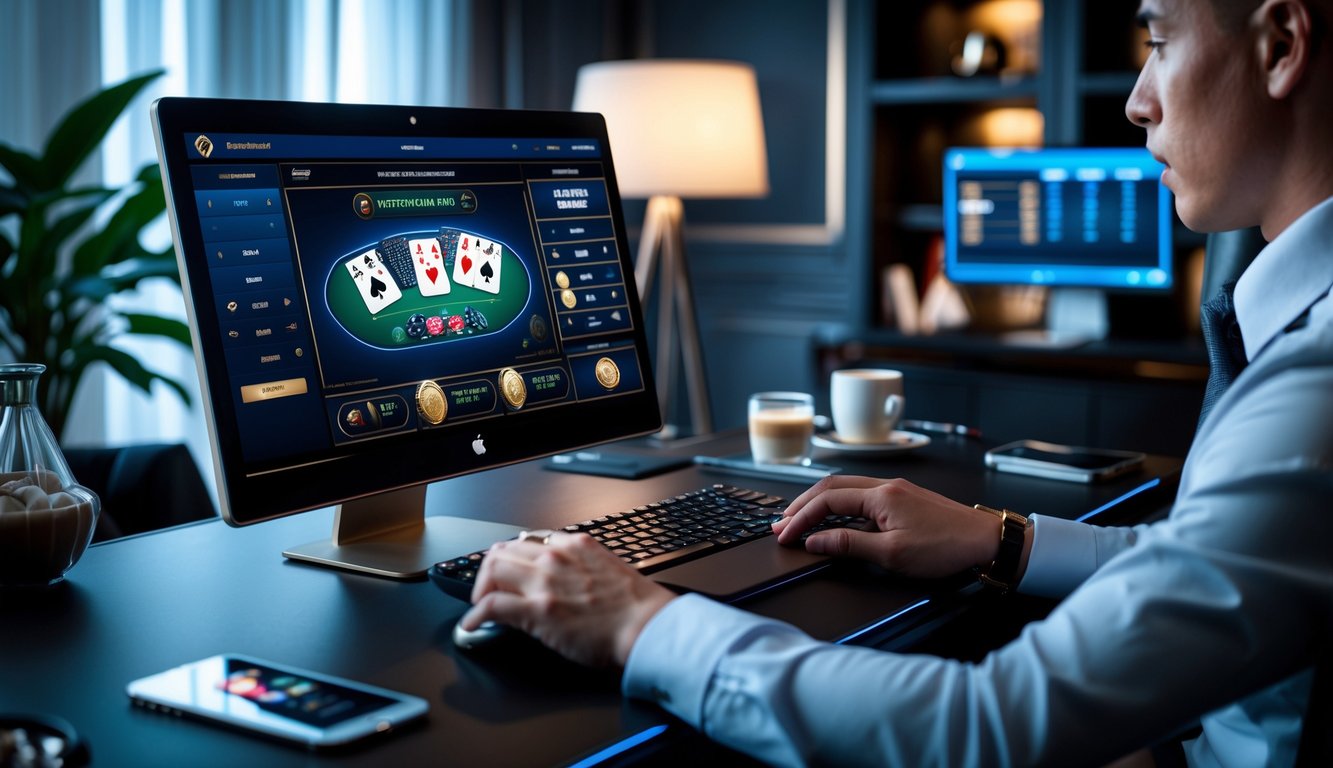 Seseorang sedang fokus bermain permainan baccarat online di depan komputer di ruangan yang nyaman.