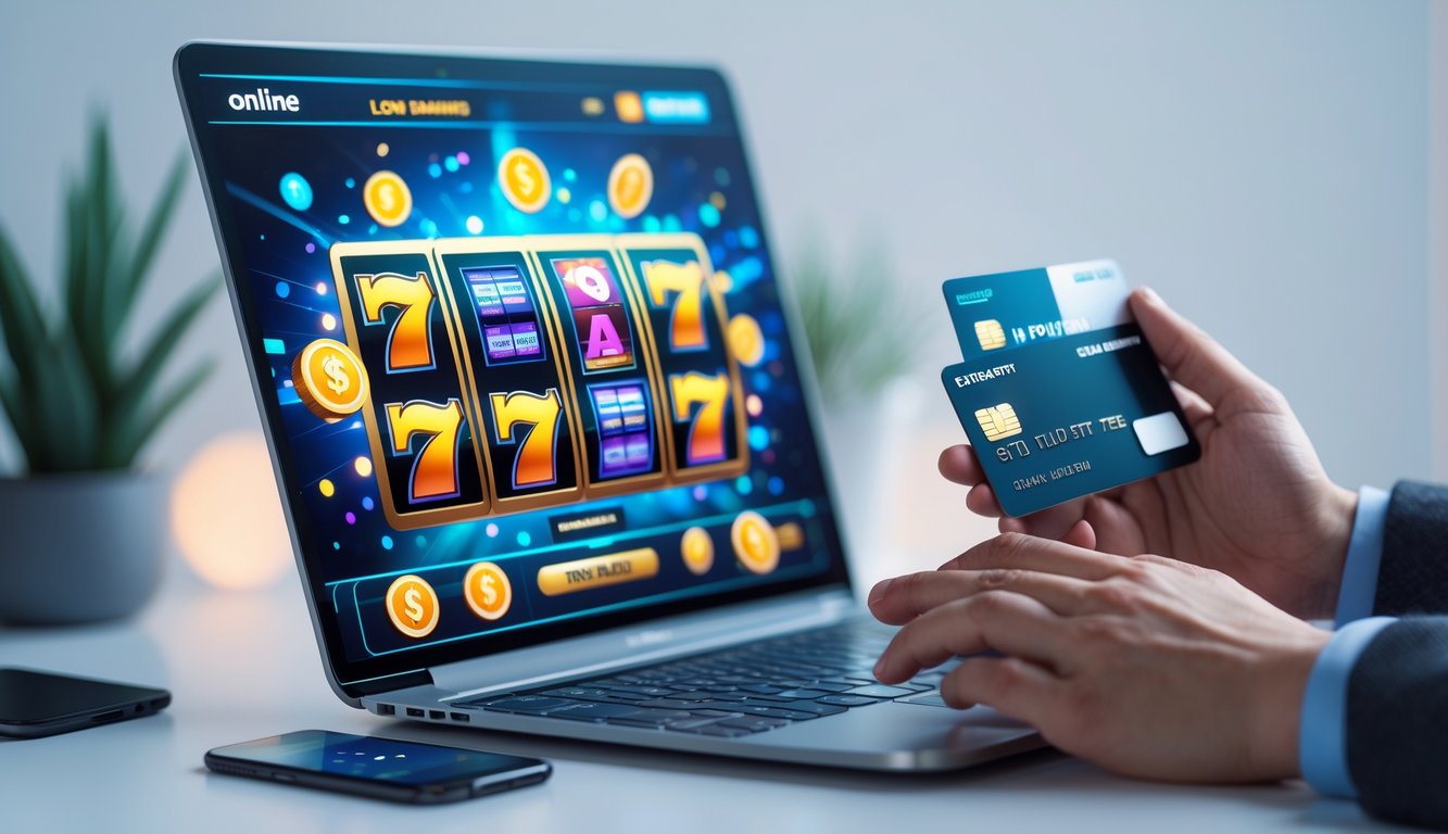 Seseorang menggunakan komputer dengan layar menampilkan permainan slot online berwarna-warni dan ikon transaksi digital di sekitarnya.