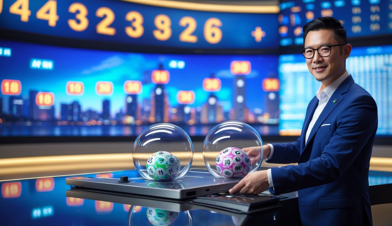 Seorang presenter di studio modern dengan layar digital menampilkan angka hasil undian Toto Macau secara langsung.