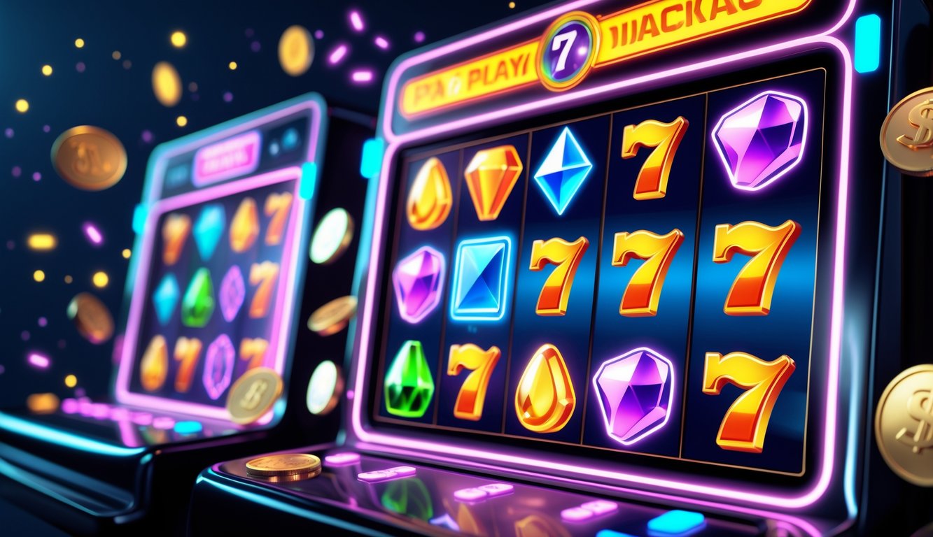 Layar mesin slot digital berwarna cerah dengan simbol buah dan permata yang bersinar, dikelilingi koin berkilau dan indikator jackpot.
