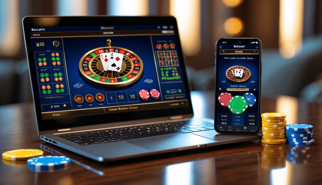 Sebuah meja dengan laptop dan ponsel yang menampilkan permainan baccarat online dengan chip berwarna-warni di sampingnya.