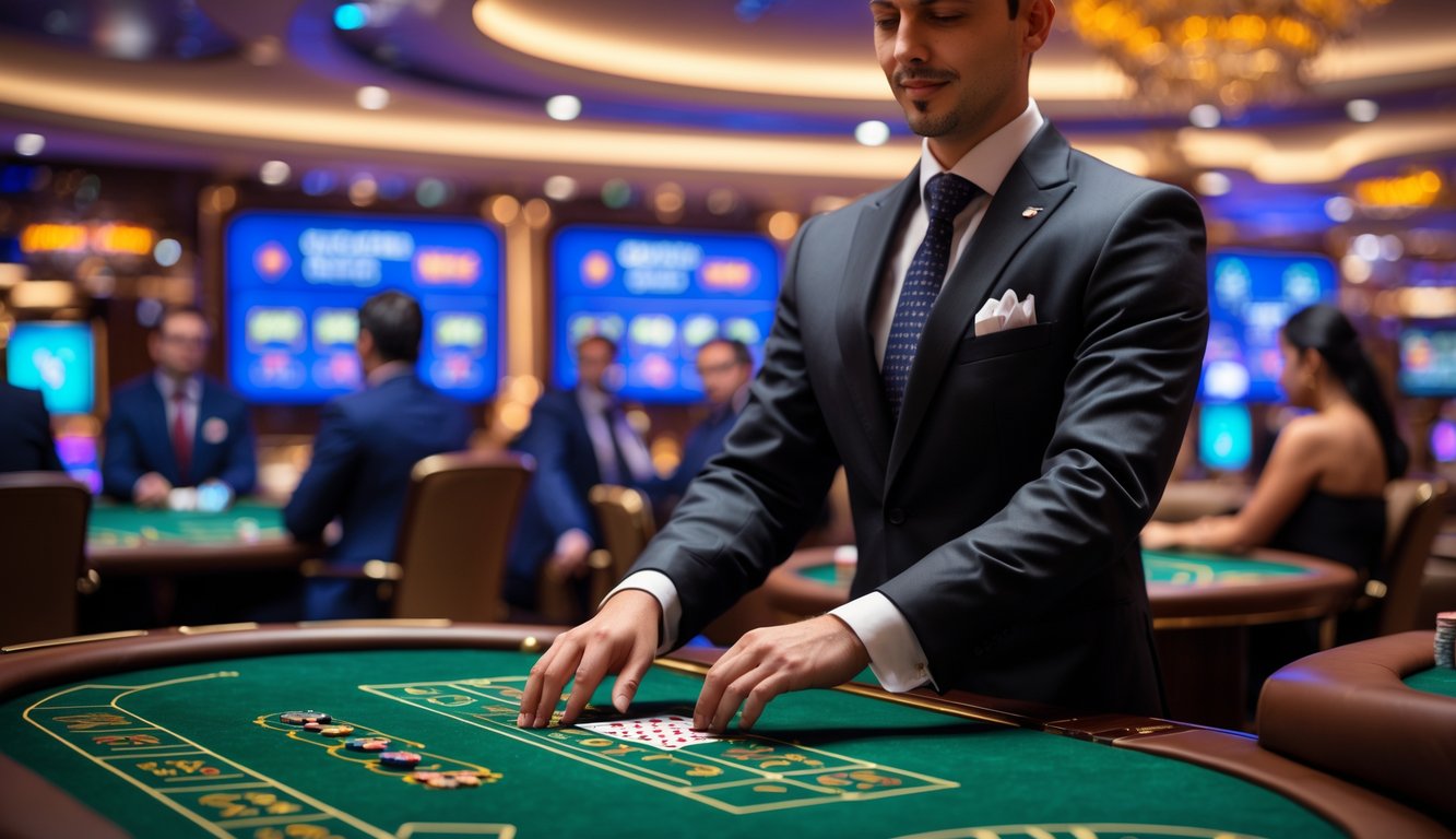 Seorang dealer sedang membagikan kartu di meja baccarat di kasino dengan latar belakang suasana kasino yang mewah dan pemain yang memperhatikan permainan.