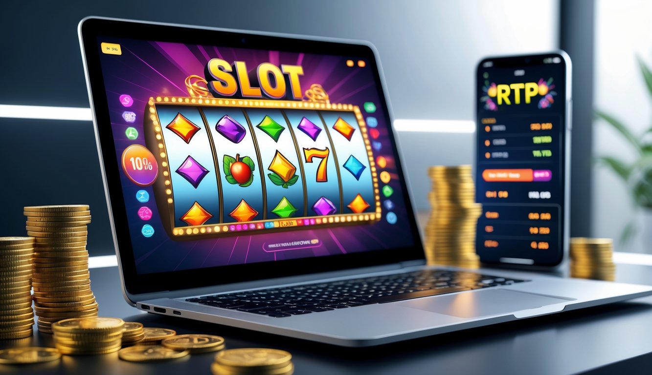 Seseorang bermain permainan slot online dengan komputer dan beberapa koin di meja.