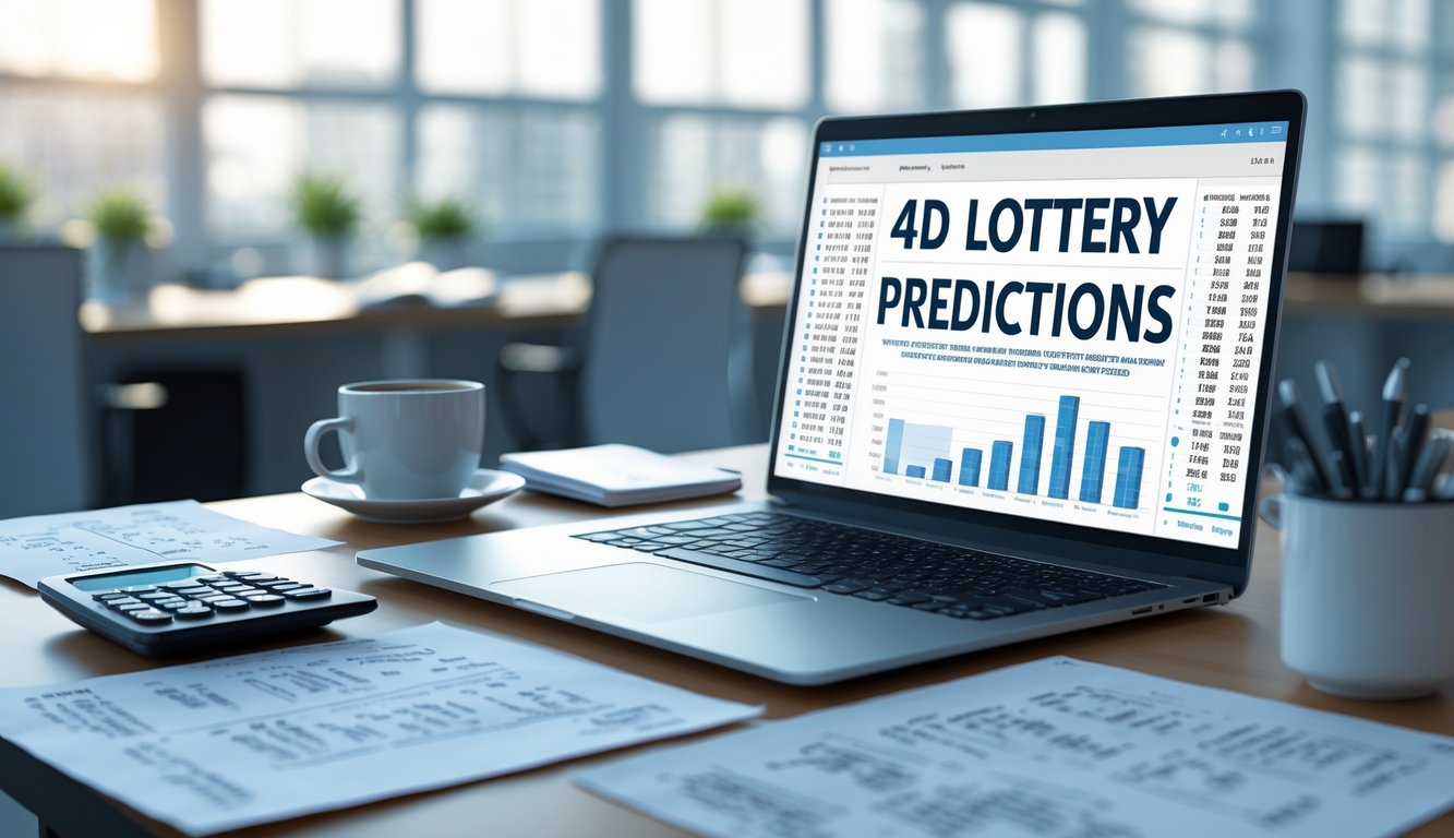 Meja kerja modern dengan laptop menampilkan data angka dan grafik, kertas catatan, kalkulator, dan cangkir kopi di ruangan kantor yang terang.