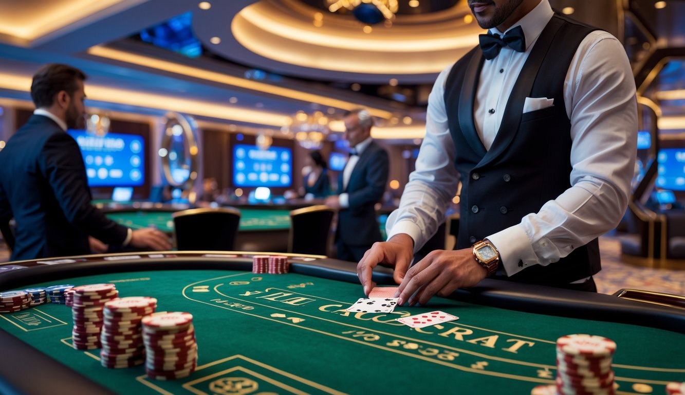 Meja baccarat dengan dealer yang sedang membagikan kartu di kasino mewah dengan pemain yang memperhatikan permainan.