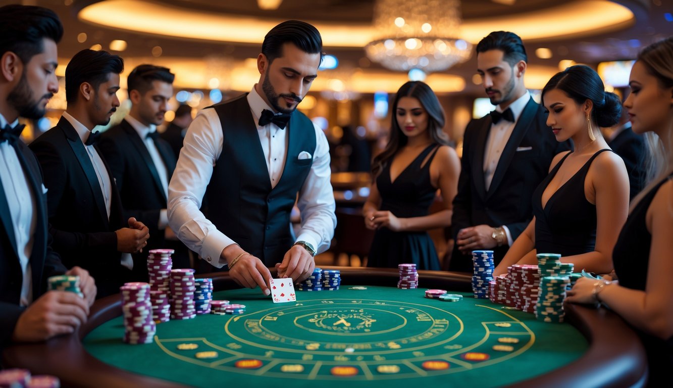 Seorang dealer membagikan kartu di meja baccarat dengan pemain berpakaian rapi di kasino yang mewah.