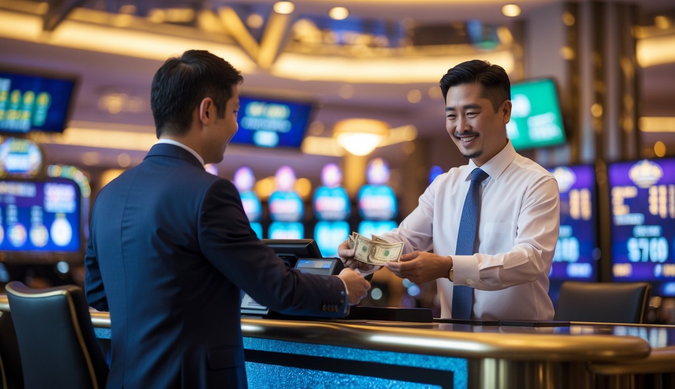 Seorang pria sedang melakukan setoran uang di konter kasino dengan latar belakang arsitektur kota Macau.