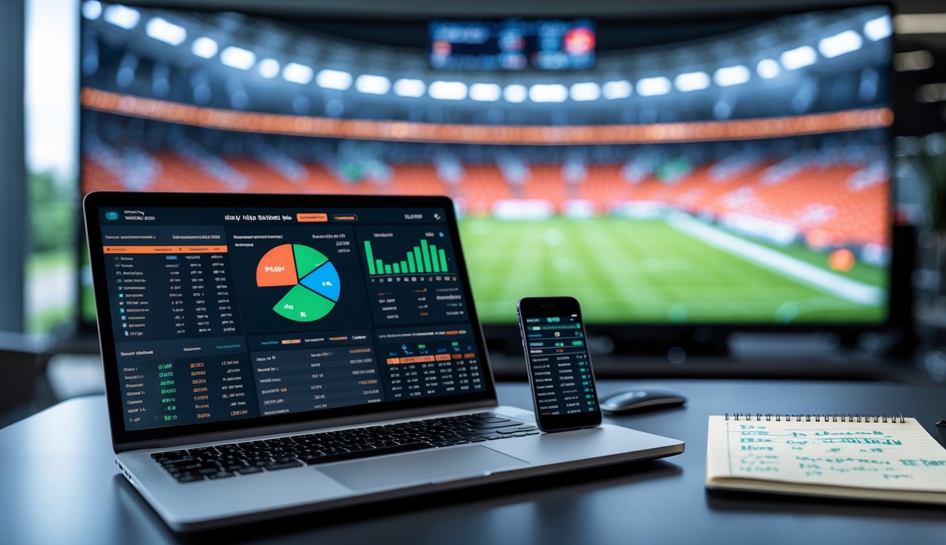 Meja kerja dengan laptop menampilkan statistik pertandingan sepak bola, ponsel dengan skor langsung, dan buku catatan dengan tulisan tangan, latar belakang stadion sepak bola terlihat samar.