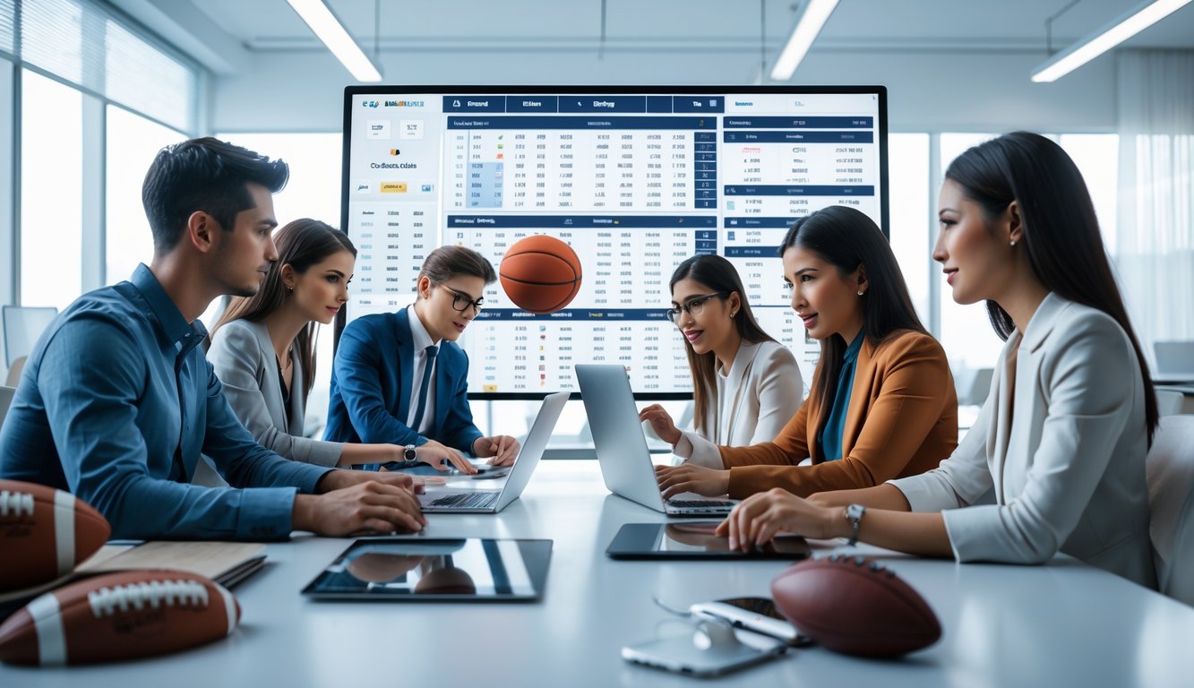 Sekelompok orang muda sedang bekerja bersama di kantor modern dengan layar komputer yang menampilkan data taruhan olahraga.