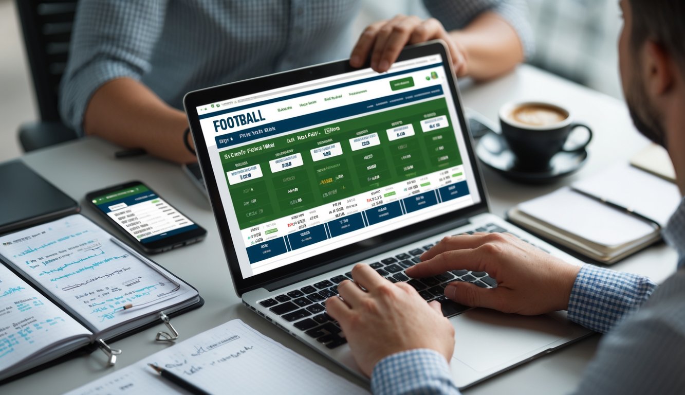 Seseorang menggunakan laptop untuk memasang taruhan parlay bola online di meja kerja dengan smartphone dan catatan di sekitarnya.