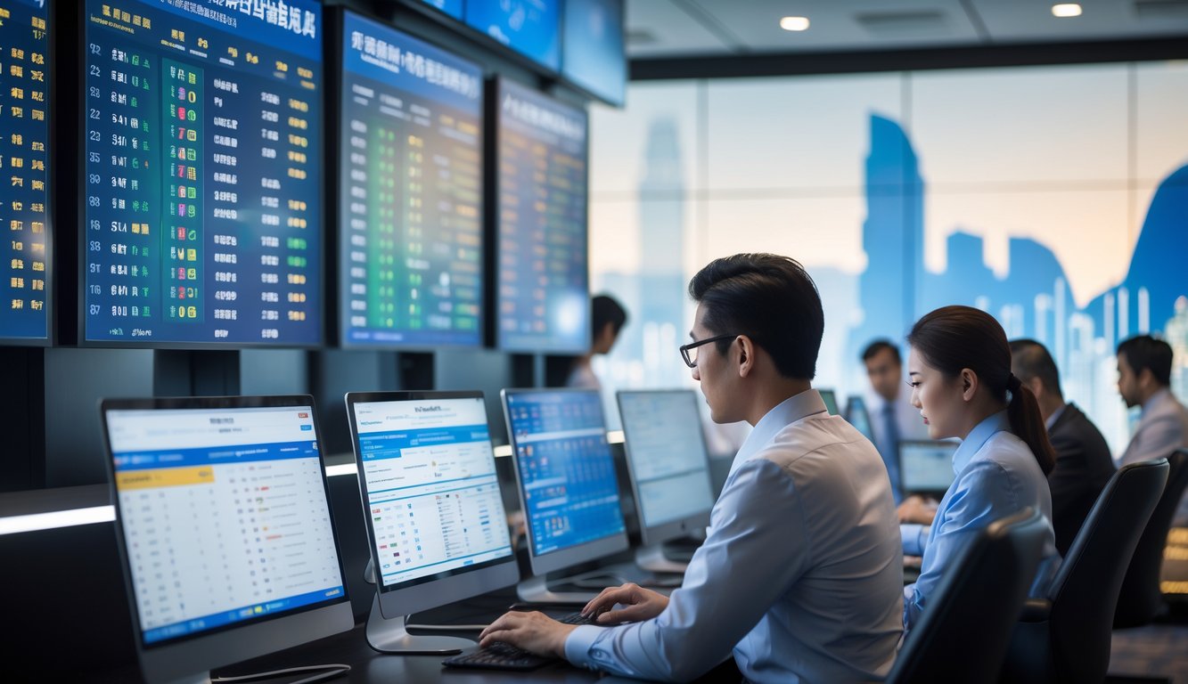 Suasana kantor modern dengan beberapa orang sedang menganalisis data di layar komputer dan tablet, dengan latar belakang siluet kota Macau.