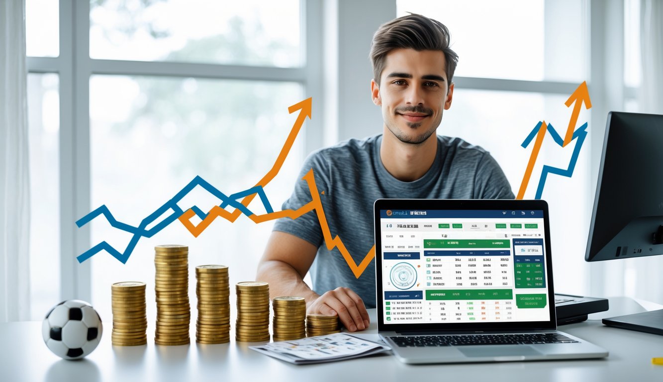 Seorang pria muda duduk di meja dengan laptop menampilkan data taruhan olahraga, dikelilingi oleh tumpukan koin dan grafik yang menunjukkan keuntungan besar dari modal kecil.