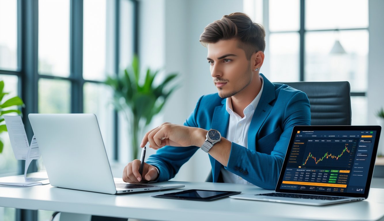 Seorang pria muda duduk di meja kantor modern sambil melihat layar laptop dan tablet yang menampilkan grafik dan statistik taruhan olahraga.