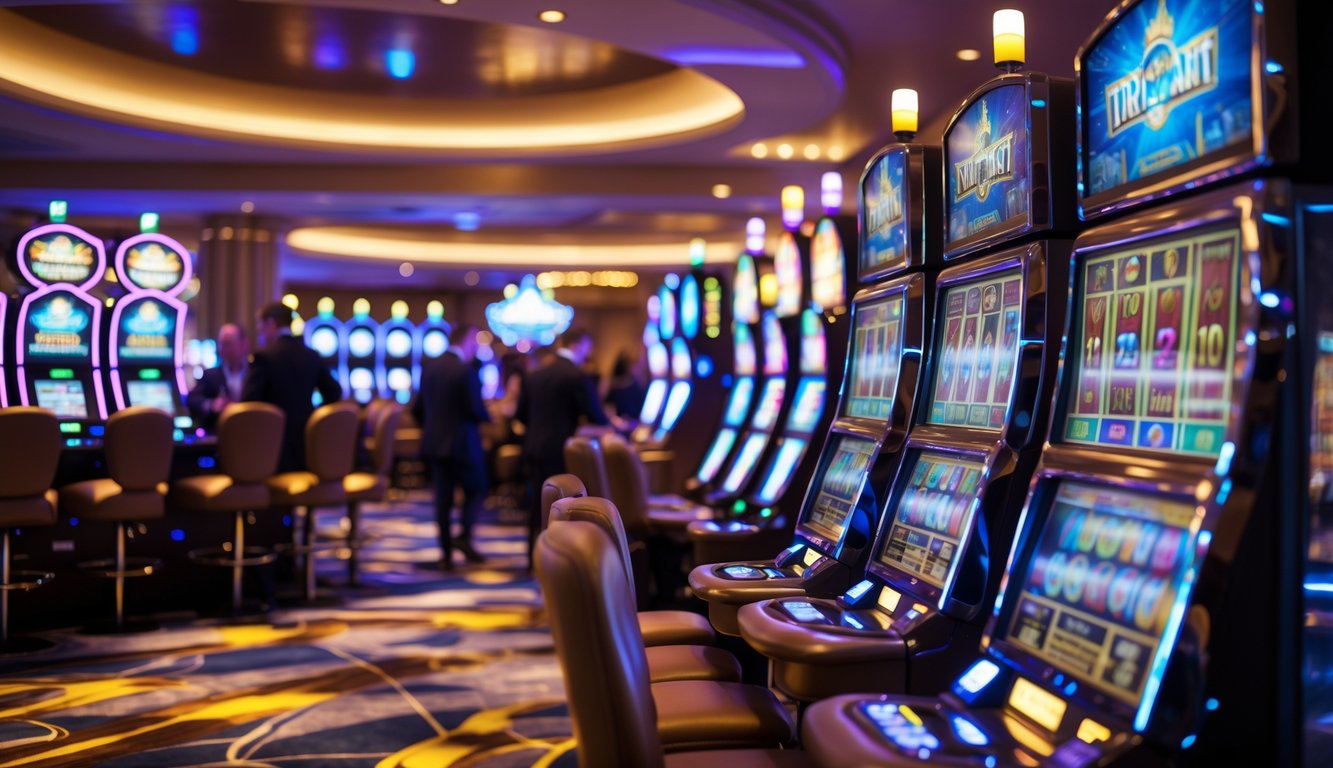 Area mesin slot di kasino modern dengan lampu berwarna-warni dan beberapa orang sedang bermain dengan fokus dan antusias.