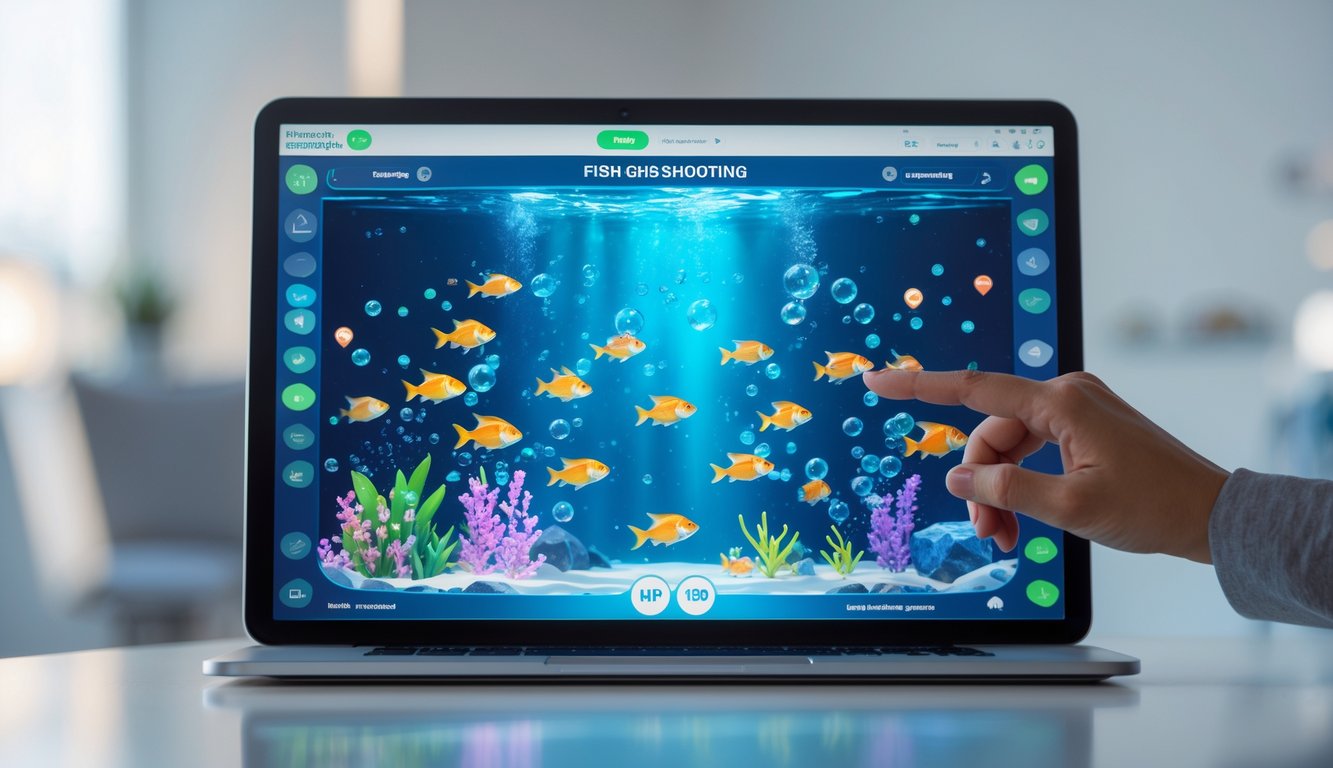 Seseorang menggunakan perangkat digital untuk bermain game tembak ikan online dengan tampilan ikan-ikan berwarna-warni di layar.