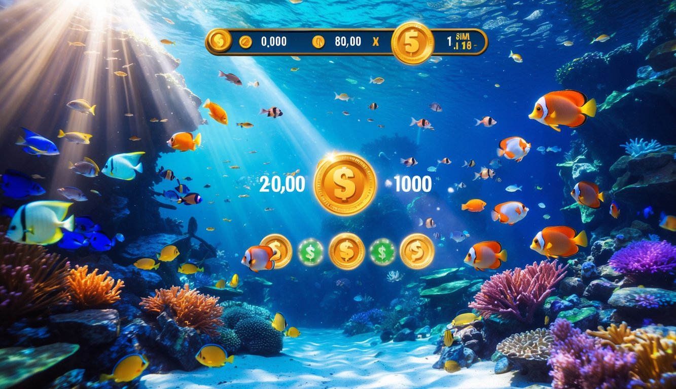 Pemandangan bawah laut dengan terumbu karang berwarna-warni dan berbagai ikan tropis yang hidup.