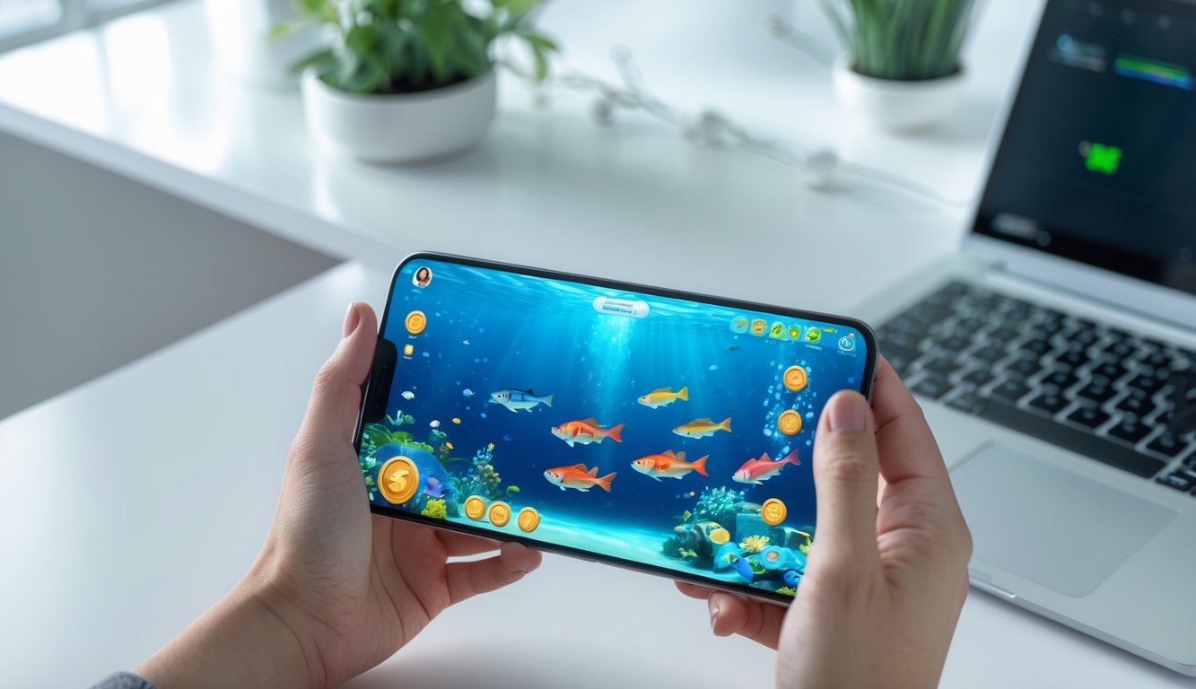 Seseorang memegang smartphone yang menampilkan permainan ikan bawah laut berwarna-warni di layar, dengan latar meja kerja minimalis dan pencahayaan alami.