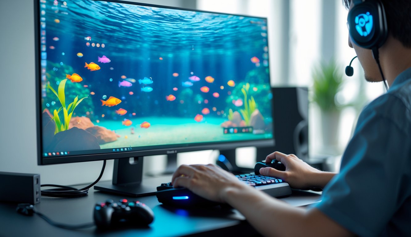 Seseorang sedang bermain game tembak ikan online dengan layar komputer menampilkan ikan warna-warni dan tangan yang memegang pengendali permainan.