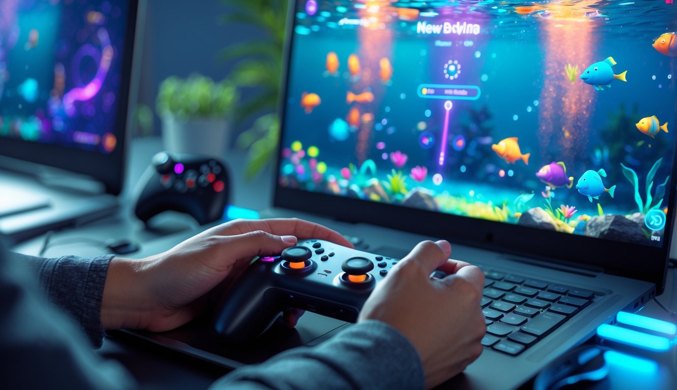 Seseorang sedang bermain game menembak ikan di komputer dengan layar menampilkan gambar bawah laut berwarna-warni.