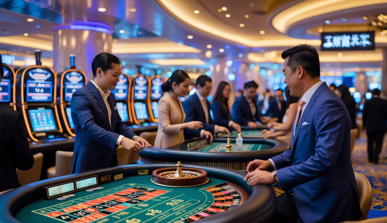 Suasana kasino modern di Macau dengan orang-orang bermain mesin judi dan meja roulette.