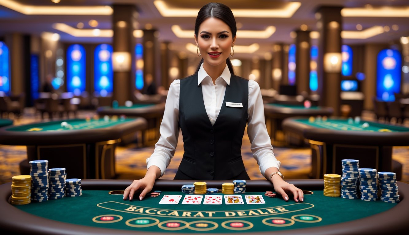 Seorang dealer baccarat wanita berdiri di belakang meja baccarat dengan kartu dan chip di kasino mewah.