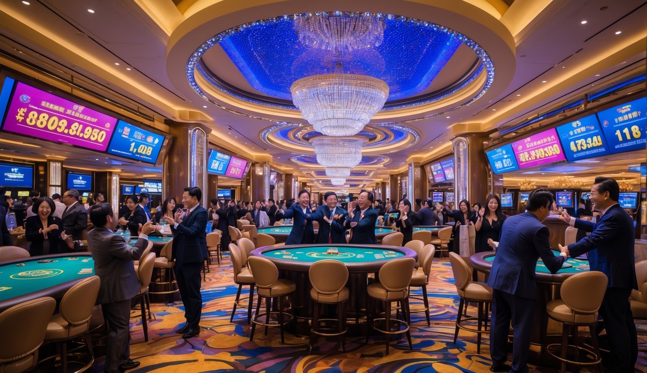 Orang-orang merayakan kemenangan besar di lantai kasino mewah dengan meja permainan dan lampu warna-warni di latar belakang arsitektur khas Macau.