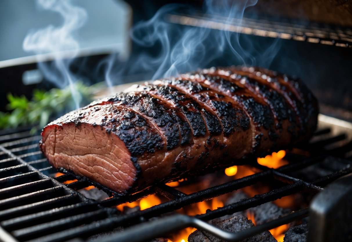 Close-up of a smoky BBQ grill with a cooked brisket resting on the grate, smoke rising and glowing coals underneath.
