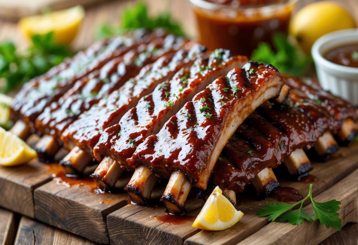 A rack of glazed BBQ grill ribs on a wooden board with lemon wedges and parsley garnish.