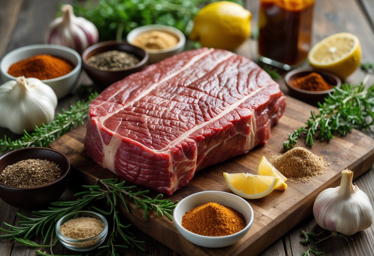 A wooden table with raw brisket, bowls of spices, fresh herbs, garlic, onions, lemon wedges, and barbecue sauce arranged for a BBQ brisket recipe.