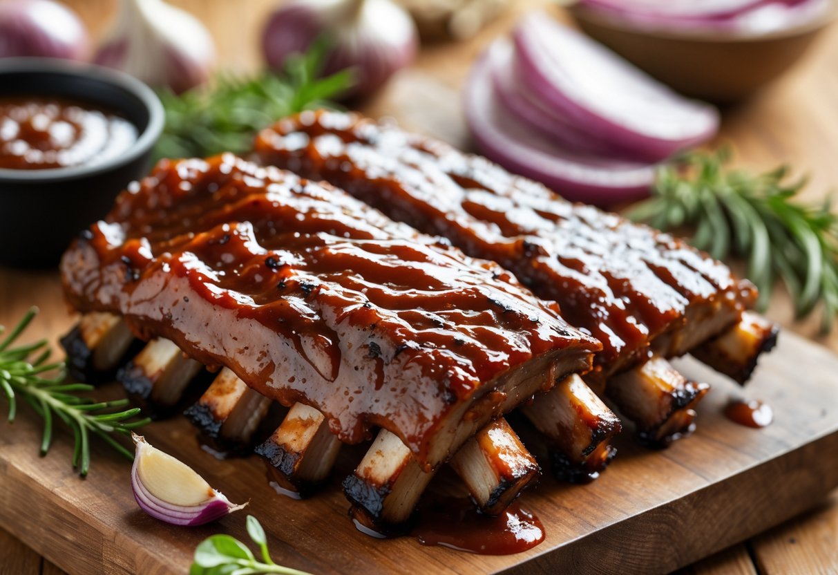 A plate of glazed BBQ grilled ribs on a wooden board with fresh herbs and garlic, set in an outdoor picnic setting.